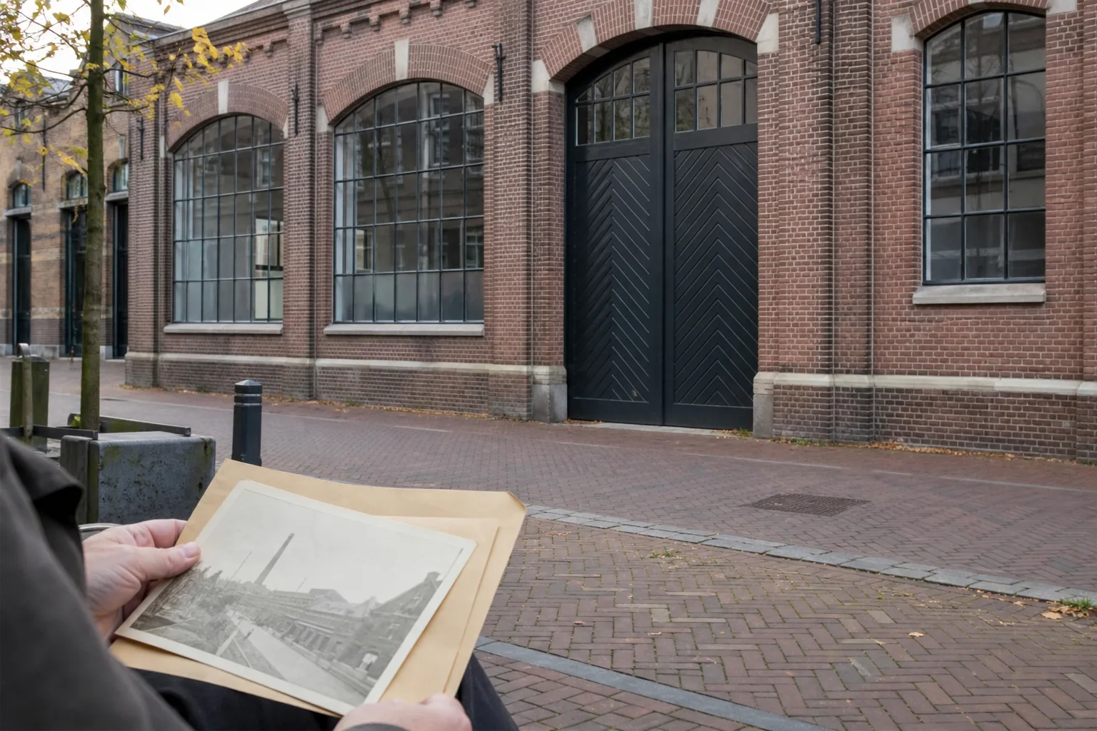 Een bakstenen bedrijfspand met grote ramen en een historische foto op de voorgrond