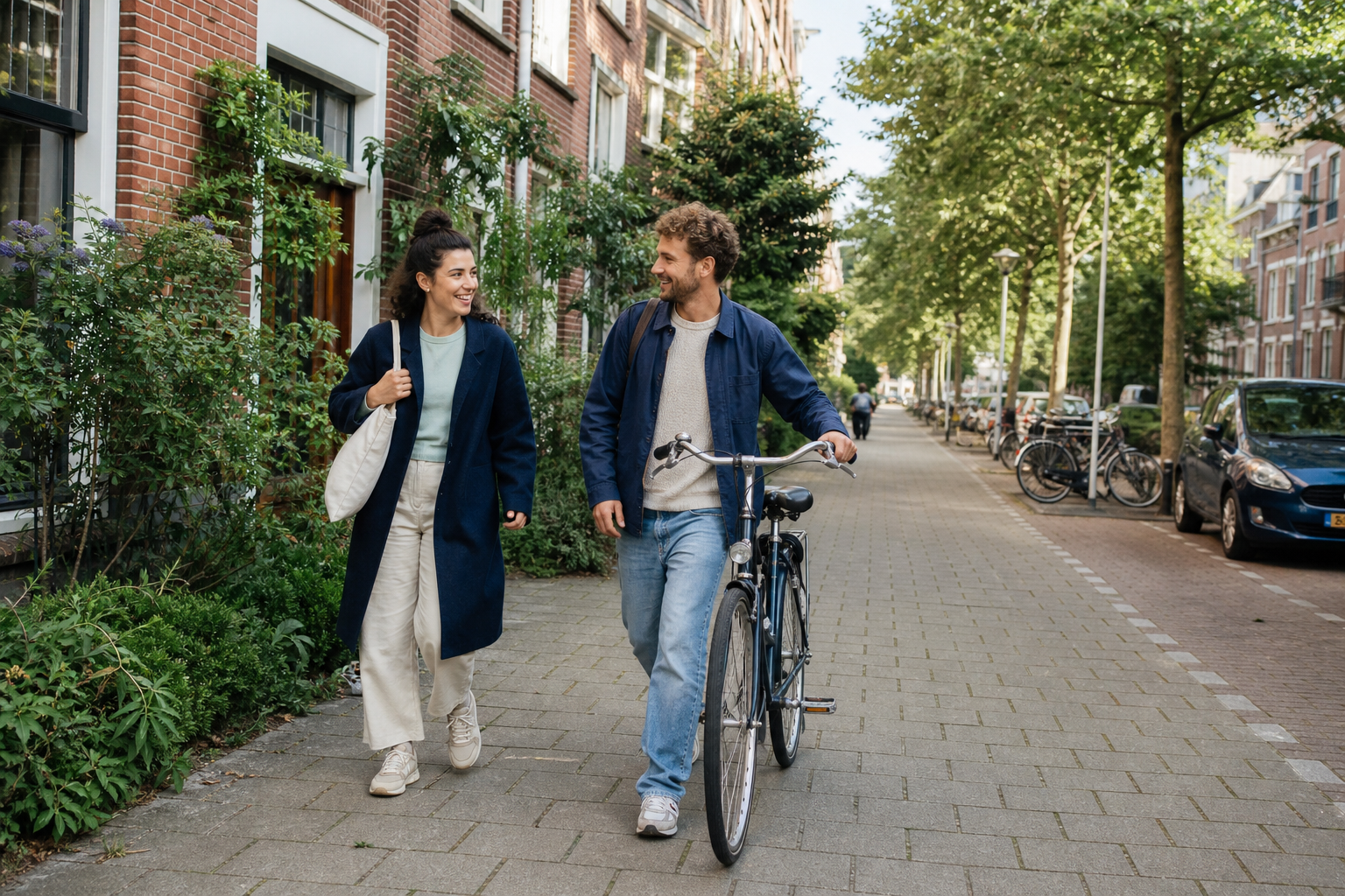 Twee mensen lopen met een stadsfiets door een groene woonstraat