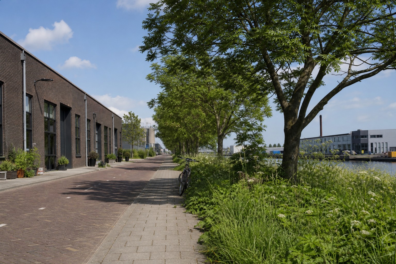 Rustige lokale omgeving met weg, groen en bedrijfsgebouwen