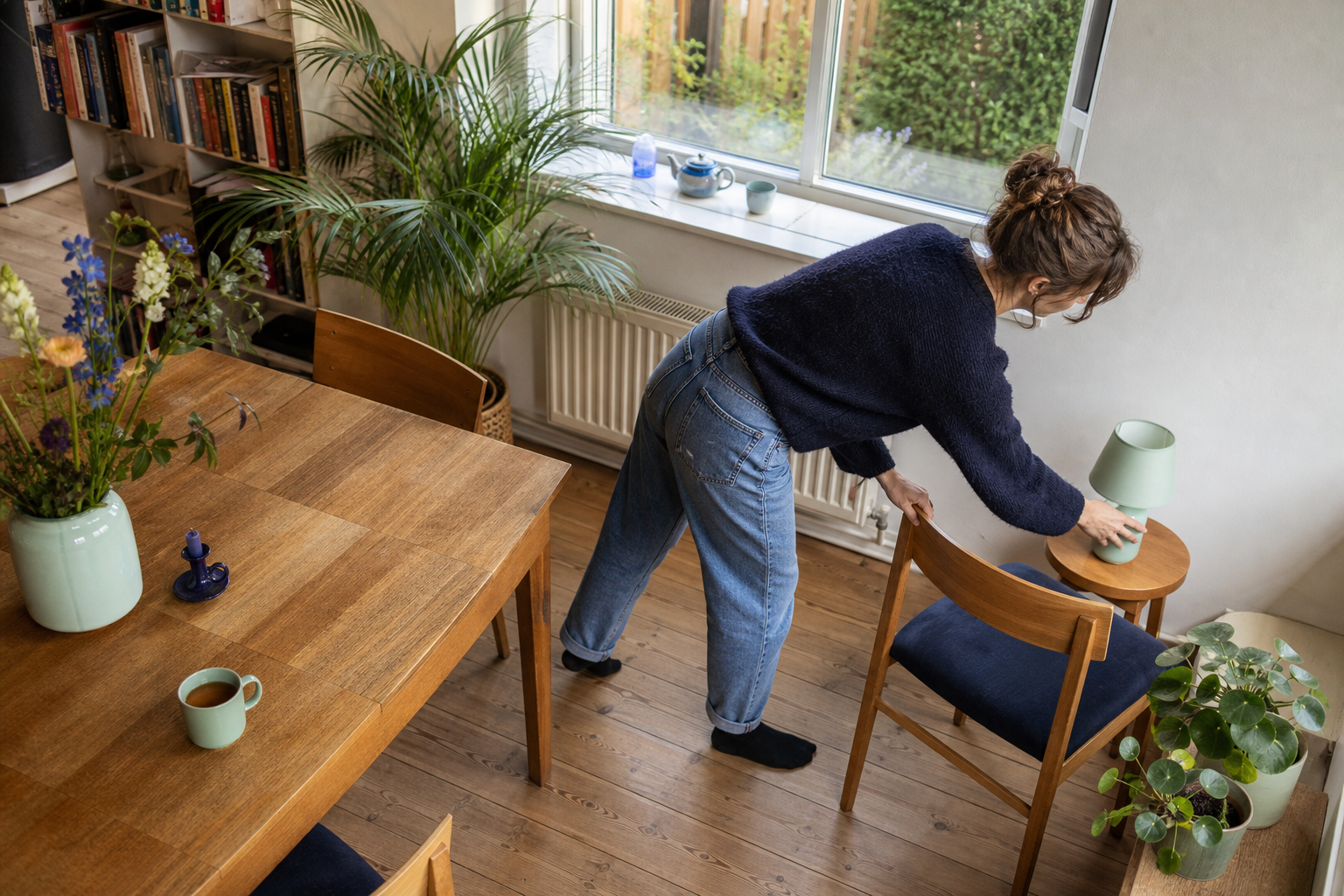 Bewoner verplaatst een lamp en stoel in een lichte eetkamer