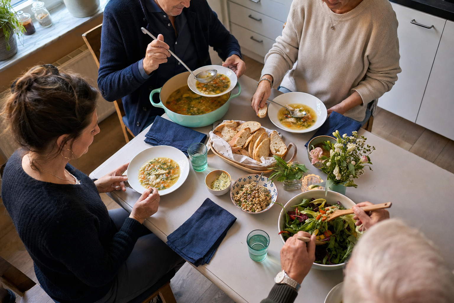 Vier mensen delen soep, brood en salade aan een keukentafel