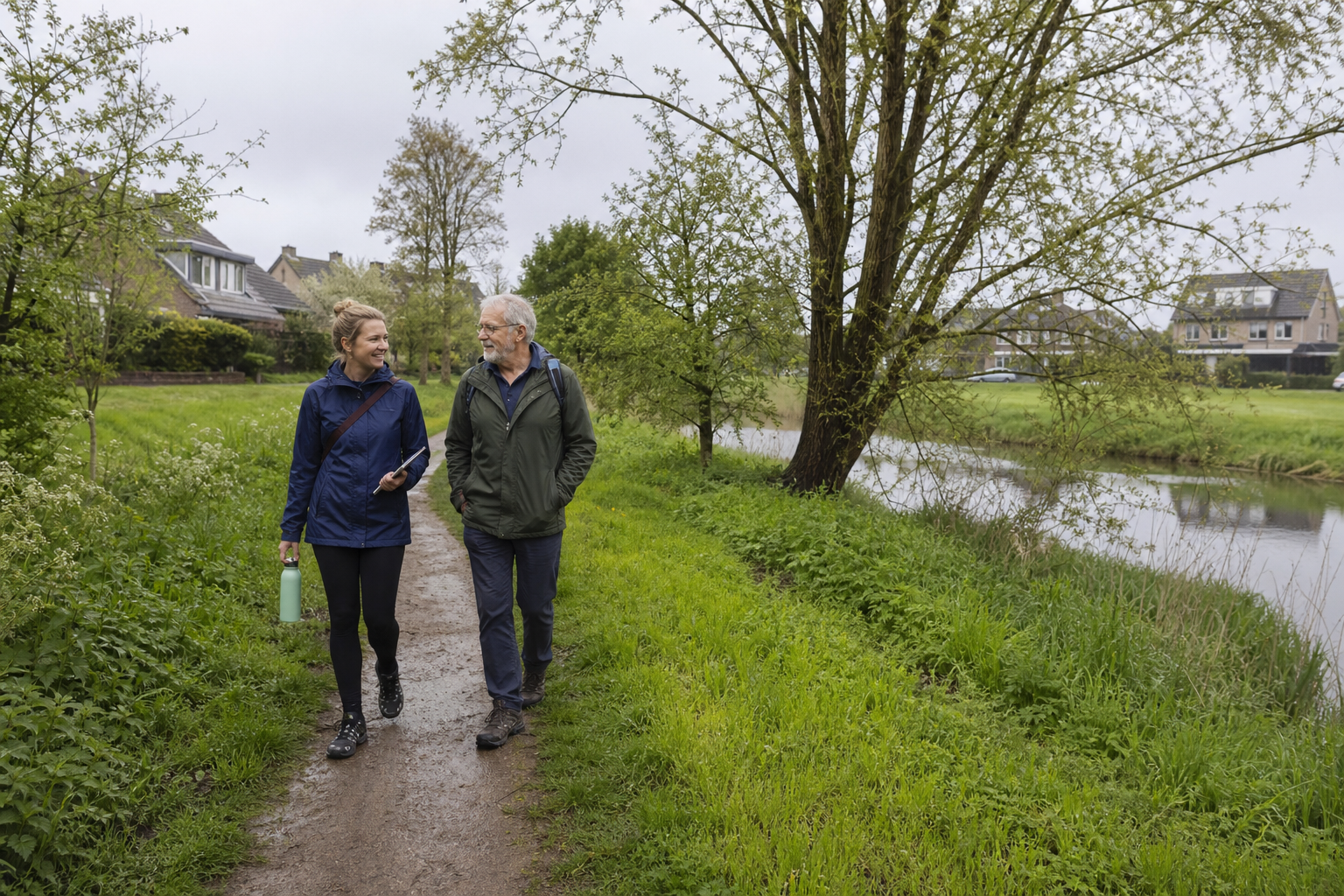 Twee wandelaars op een groen pad langs water en woonhuizen